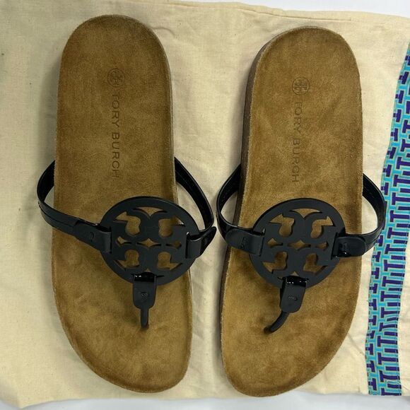 NWOB! Tory Burch Miller Cloud Black Patent Women’s Sandals Suede Cork Sz 11 - Picture 2 of 9